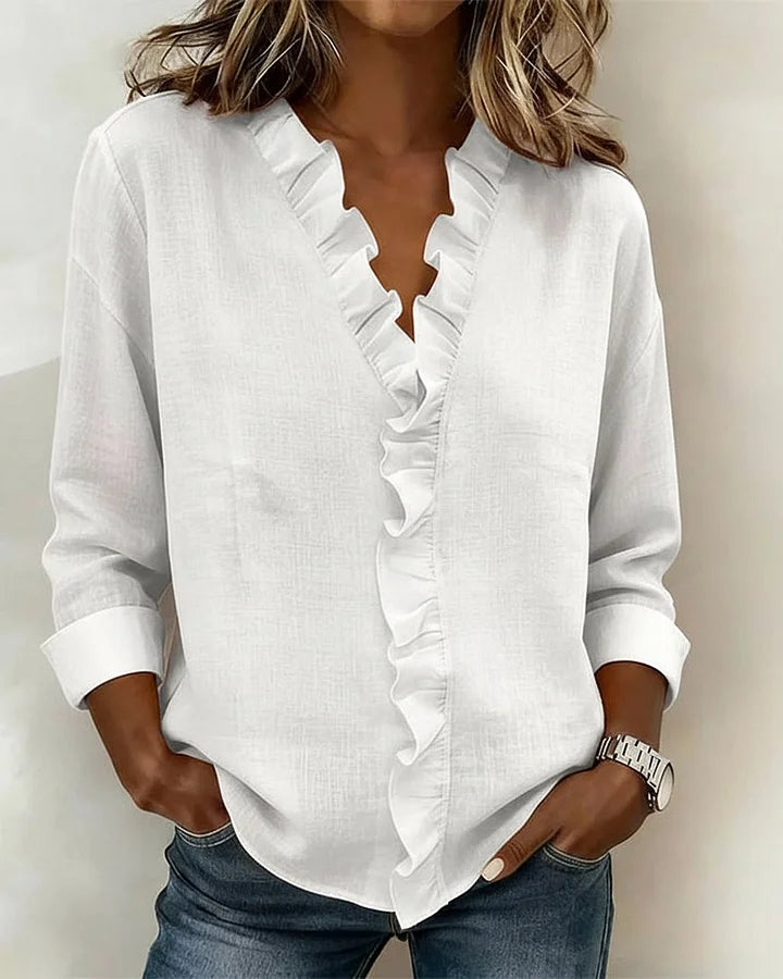 Yvonne | Blouse with Ruffles, V-Neck and Long Sleeves