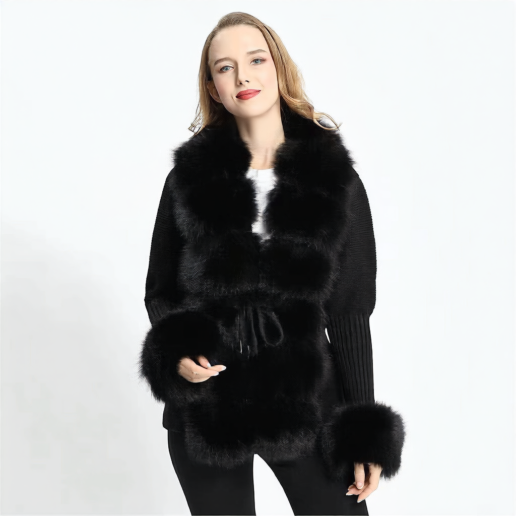 HAZEL | Women's Fox Fur Trim Knitted Cardigan