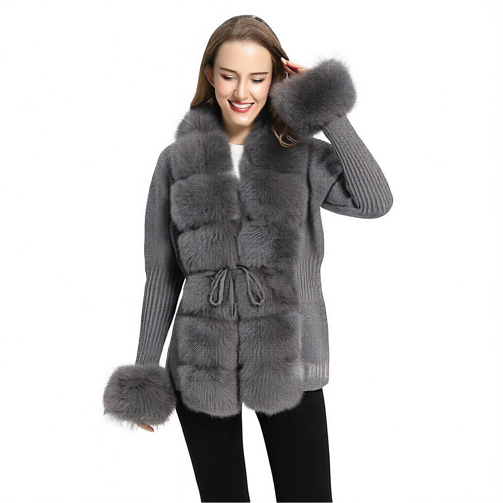 HAZEL | Women's Fox Fur Trim Knitted Cardigan