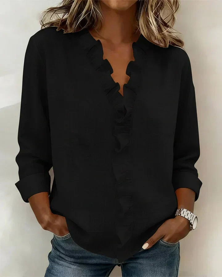 Yvonne | Blouse with Ruffles, V-Neck and Long Sleeves