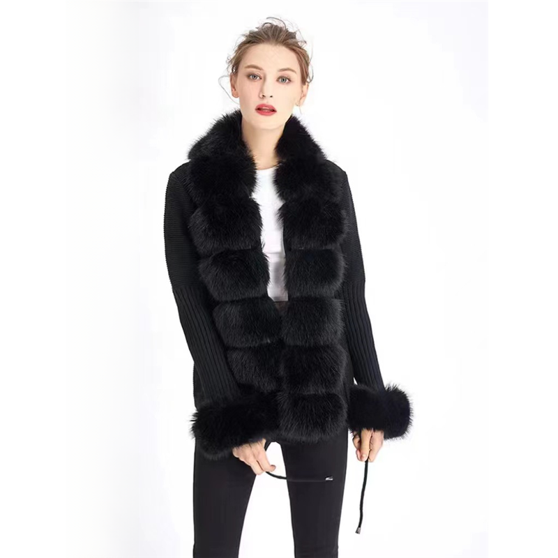 HAZEL | Women's Fox Fur Trim Knitted Cardigan