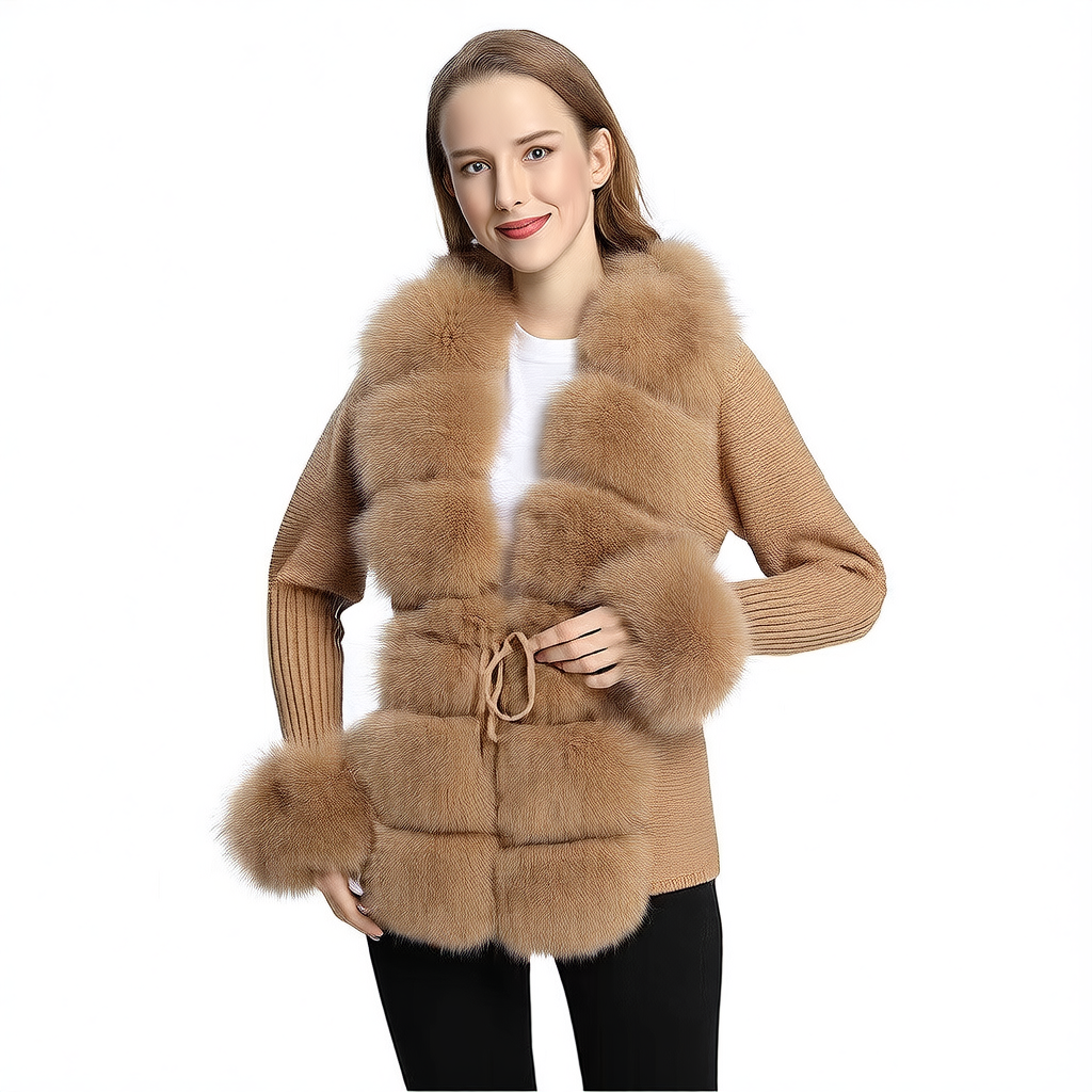 HAZEL | Women's Fox Fur Trim Knitted Cardigan
