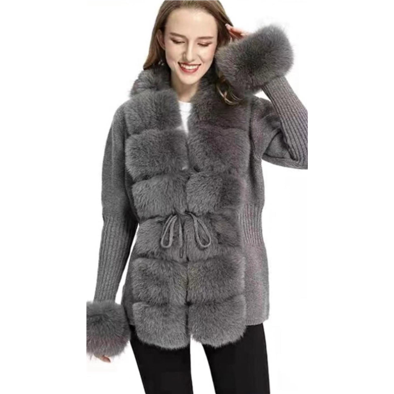 HAZEL | Women's Fox Fur Trim Knitted Cardigan