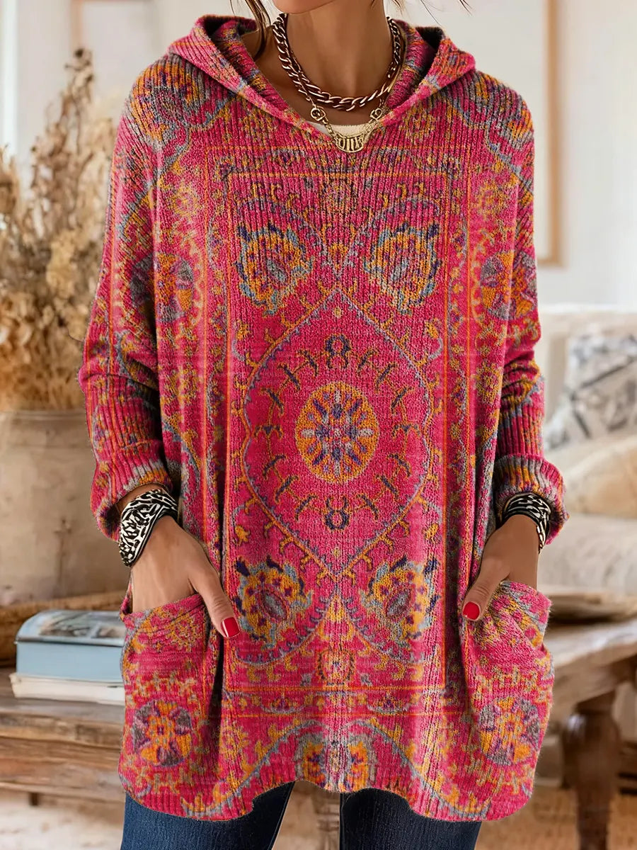 Retro Ethnic Print Hooded Knit Tunic with Pockets